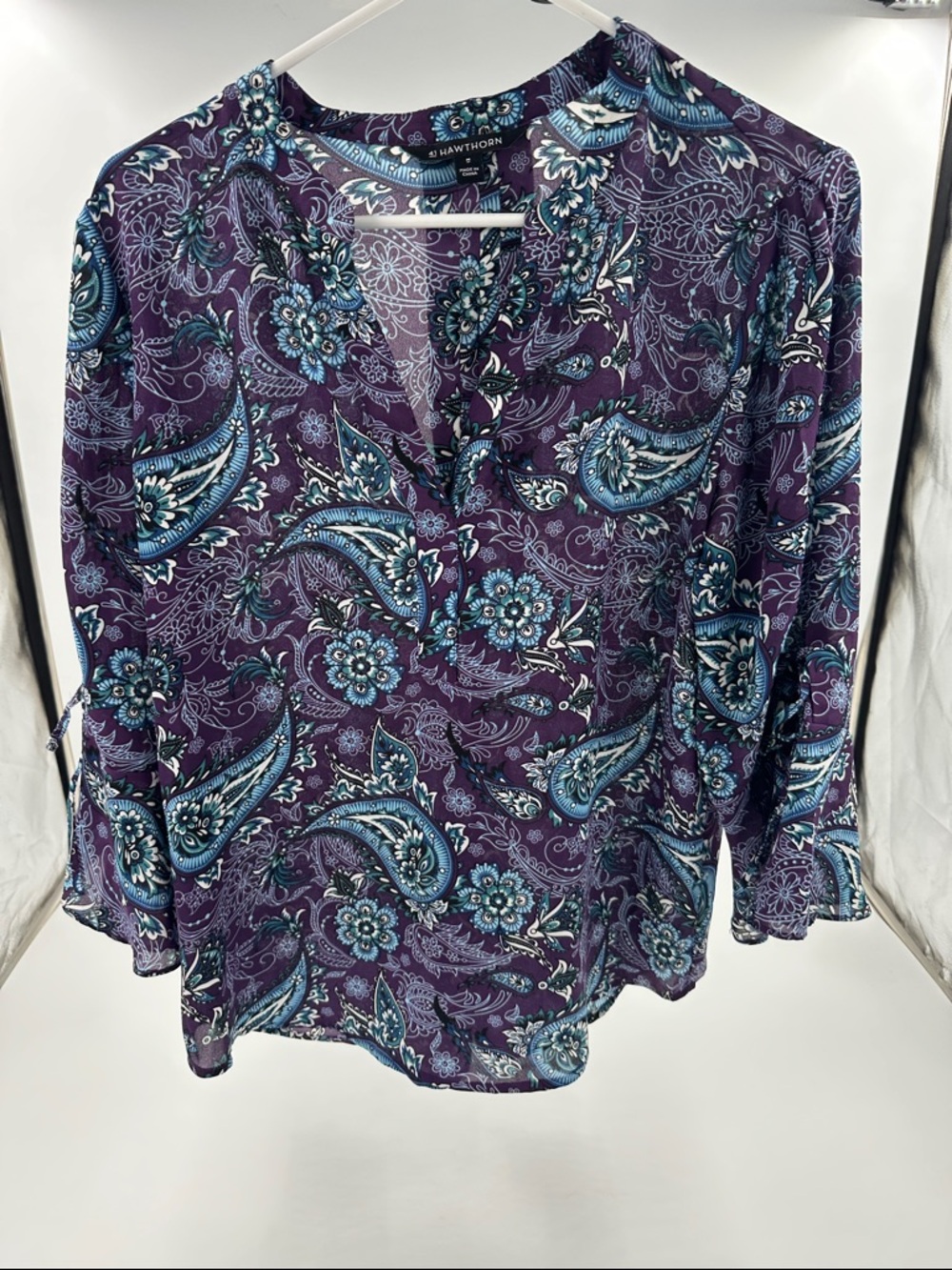 41 Hawthorn Purple Paisley V-Neck Blouse with Blue Accents